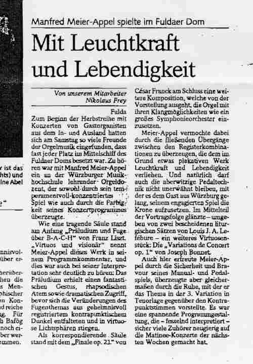 Orgelmatin&eacute;e mit Manfred Meier-Appel im Dom zu Fulda. Werke von Franz Liszt, Louis James Alfred Lef&eacute;bure-W&eacute;ly, Joseph Bonnet und C&eacute;sar Franck.