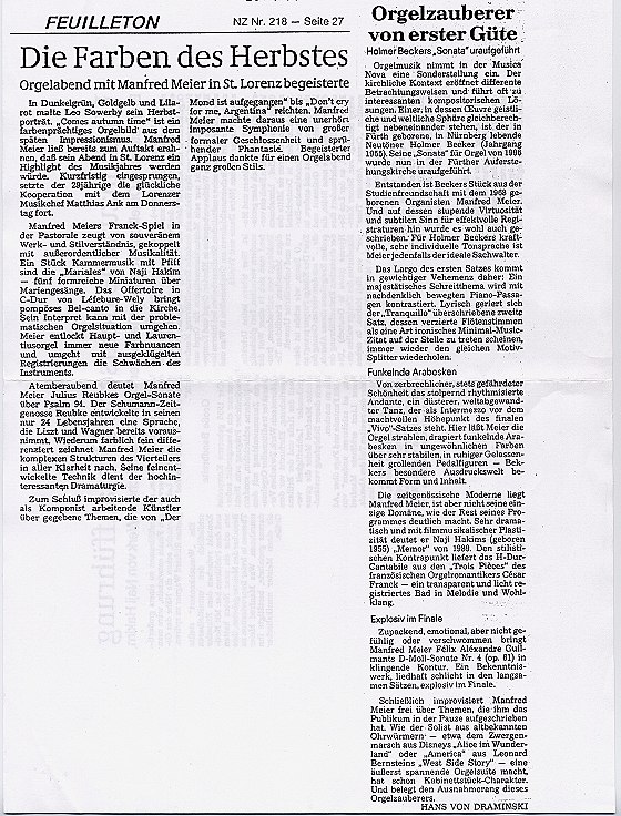 Orgelkonzerte von Manfred Meier-Appel in St. Lorenz, N&uuml;rnberg und in der Auferstehungskirche, F&uuml;rth. Werke von Leo Sowerby, C&eacute;sar Franck, Naji Hakim, Louis James Alfred Lef&eacute;bure-W&eacute;ly, Julius Reubke, F&eacute;lix Alexandre Guilmant, Holmer Becker und Improvisationen &uuml;ber vom Publikum gegebene Themen.