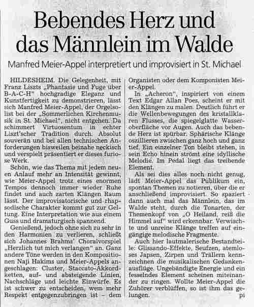 Orgelkonzert mit Manfred Meier-Appel in St. Michael, Hildesheim. Werke von Franz Liszt, Johannes Brahms, Naji Hakim, Manfred Meier-Appel und Improvisation &uuml;ber vom Publikum gegebene Themen.