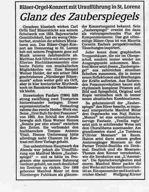 Urauff&uuml;hrung der Blchbl&auml;ser-Komposition "Zauberspiegel" von Manfred Meier-Appel in St. Lorenz, N&uuml;rnberg. Manfred Meier-Appel spielt Orgelwerke von Naji Hakim.